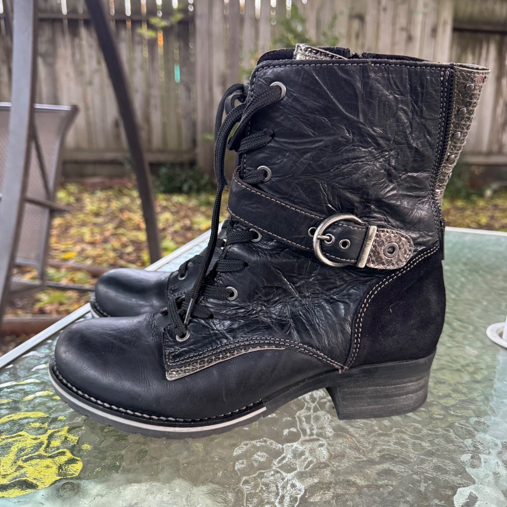 Dromedaris Kara Black Leather Combat Boots Metallic Snakeskin EU 42 Womens 10-11